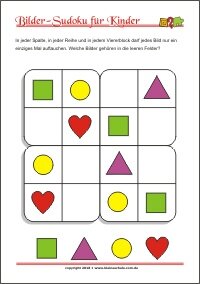 Bilder Sudoku für Kinder mit Lösung - PDF zum kostenlosen Ausdrucken  - Training zum logischen Denken