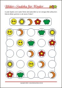 Bilder Sudoku für Kinder mit Lösung - PDF zum kostenlosen Ausdrucken  - Training zum logischen Denken