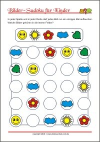 Bilder Sudoku für Kinder mit Lösung - PDF zum kostenlosen Ausdrucken  - Training zum logischen Denken