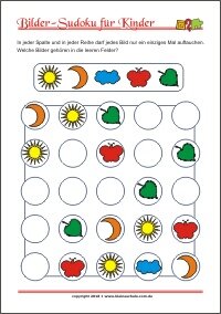 Bilder Sudoku für Kinder mit Lösung - PDF zum kostenlosen Ausdrucken  - Training zum logischen Denken