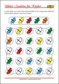Bilder Sudoku für Kinder mit Lösung - PDF zum kostenlosen Ausdrucken  - Training zum logischen Denken