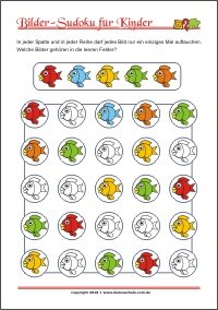 Bilder Sudoku für Kinder mit Lösung - PDF zum kostenlosen Ausdrucken  - Training zum logischen Denken