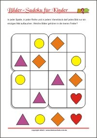Bilder Sudoku für Kinder mit Lösung - PDF zum kostenlosen Ausdrucken  - Training zum logischen Denken