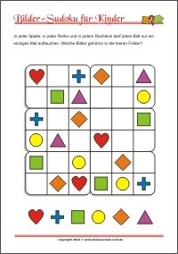 Bilder Sudoku für Kinder mit Lösung - PDF zum kostenlosen Ausdrucken  - Training zum logischen Denken