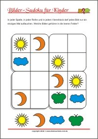 Bilder Sudoku für Kinder mit Lösung - PDF zum kostenlosen Ausdrucken  - Training zum logischen Denken