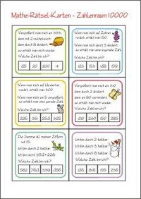 Zahlenrätsel-Karten - Zahl Gesucht - Rechnen im Zahlenraum 10000 - Kostenlose Mathematik Arbeitsblätter für die 4. Klasse Grundschule