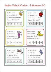 Zahlenrätsel-Karten - Zahl Gesucht - Rechnen im Zahlenraum 20 - Kostenlose Mathematik Arbeitsblätter für die 1. Klasse Grundschule