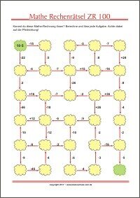 Mathe Rechenrätsel ZR 100 - Kostenloses Arbeitsblatt mit Lösungen zum Ausdrucken