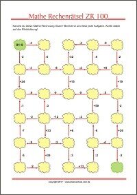 Mathe Rechenrätsel ZR 100 - Kostenloses Arbeitsblatt mit Lösungen zum Ausdrucken