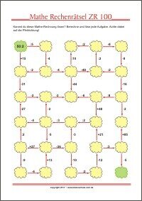 Mathe Rechenrätsel ZR 100 - Kostenloses Arbeitsblatt mit Lösungen zum Ausdrucken
