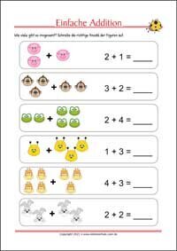 Einfache Addition - Kostenlose Arbeitsblätter für Kinder als PDF zum Ausdrucken