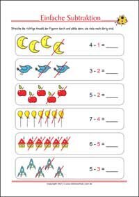 Einfache Subtraktion - Kostenlose Arbeitsblätter für Kinder als PDF zum Ausdrucken
