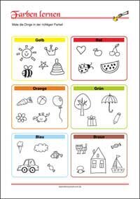 Farben lernen - Ausmalen nach Anweisungen Farben lernen - Kostenlose Arbeitsblätter mit Bilder für Kinder zum Ausdrucken