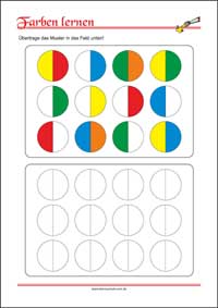 Farben lernen - Farbmuster übertragen Farben lernen - Kostenlose Arbeitsblätter mit Bilder für Kinder zum Ausdrucken