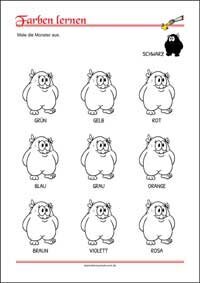 Farben lernen - Monster Ausmalen Farben lernen - Kostenlose Arbeitsblätter mit Bilder für Kinder zum Ausdrucken