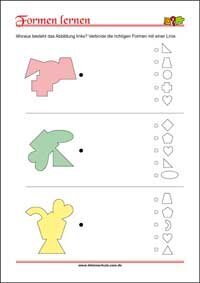 Formen erkennen und zuordnen - Übungen für Kinder zum Ausdrucken Geometrische Formen erkennen und zuordnen mit Lösungen – Kostenlose Arbeitsblätter für Kinder als PDF